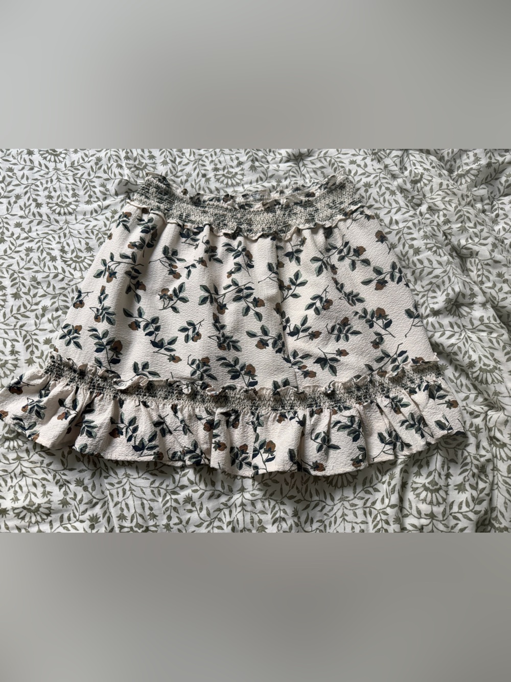Floral Ruffle Midi Skirt in Cream with Green & Brown Print